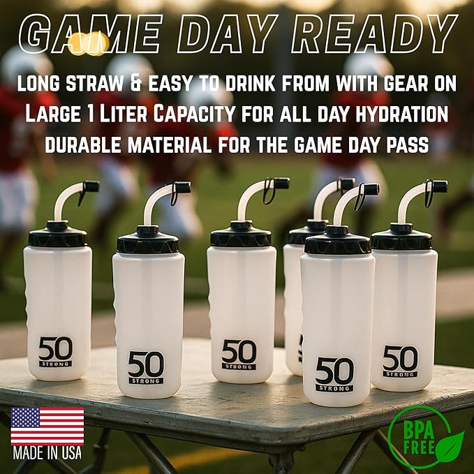 50 Strong 1 Liter BPA-Free Plastic Round Sports Water Bottle with Straw - 6 Pack