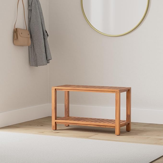 Teak Shower Bench 30 Inch – Fully Assembled Wooden Bench with Shelf, Water-Resistant, Non-Slip Adjustable Feet – Indoor Spa, Garden, or Bathroom Use
