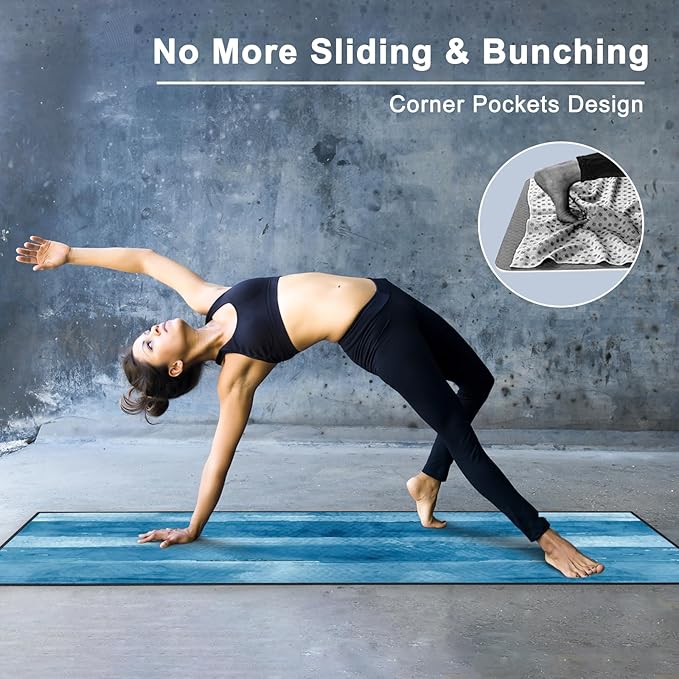 QiyI Yoga Mat Towel with Corner Pockets, Non Slip Sweat Absorbent Hot Yoga Towels, Soft Yoga Blankets with Travel Bag, Skidless Mat Cover for Workout, Gym, Fitness - 70"x26", Blue Tie Dye