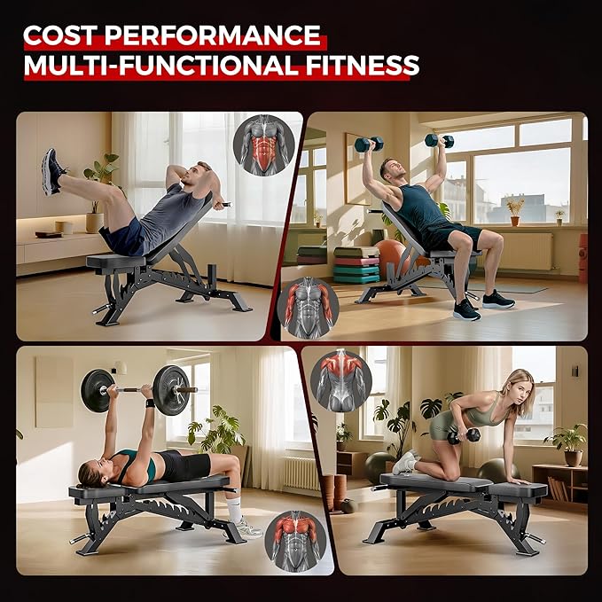 Weight Bench, Adjustable Workout Bench for Home Gym Full Body Workout, 1300LBS Weight Capacity Bench Press, Flat/Incline/Decline Bench with 33" Extra-Long Backrest & Wheels