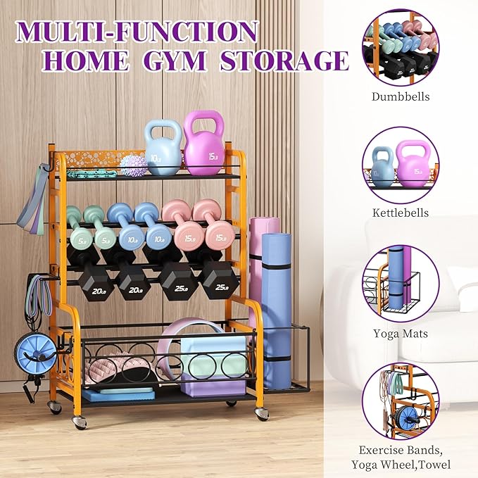 400LBS Dumbbell Rack, VOPEAK Adjustable Weight Rack for Home Gym, Home Gym Storage Rack for Yoga Mat Kettlebells and Strength Training Equipment, Weight Storage Rack for Dumbbells with Wheels