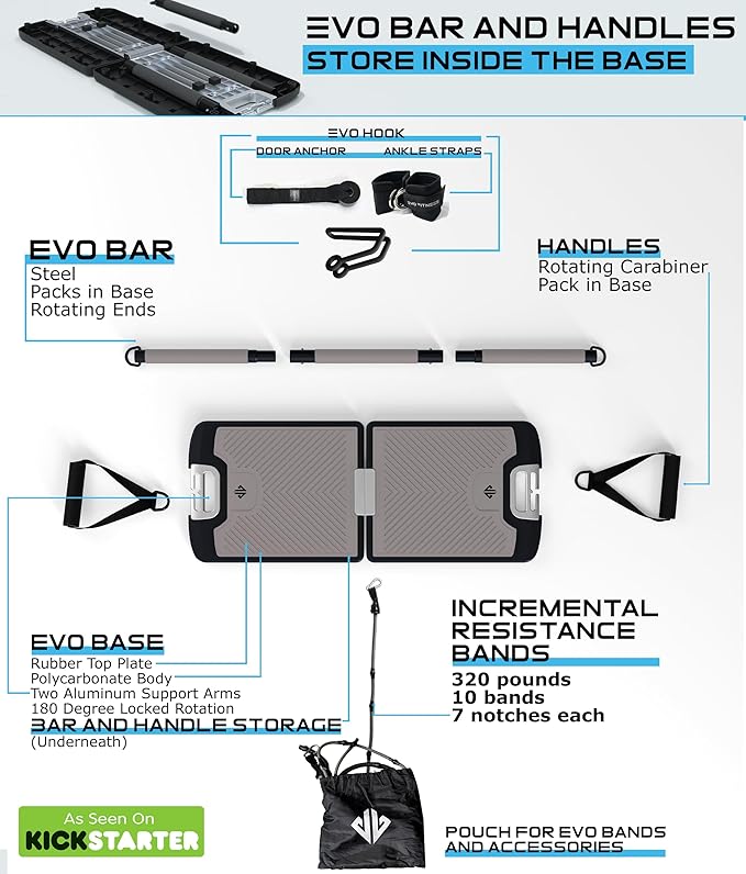 EVO Gym - Portable Home Gym Strength Training Equipment, at Home Gym | All in One Gym - Resistance Bands, Base Holds Gym Bar & Handles for Travel | Portable Gym & Home Exercise Equipment