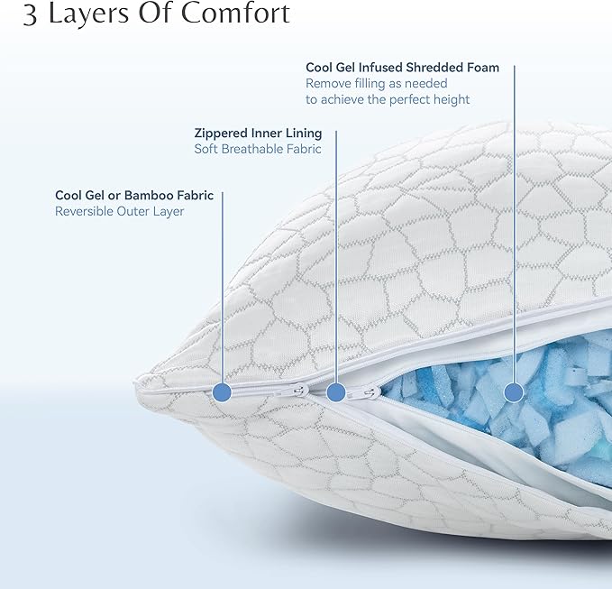 Cool Gel Cooling Pillow for Hot Sleepers - King Size Shredded Memory Foam Pillows for Sleeping - Adjustable Neck & Shoulder Support, Reversible Cover, Hypoallergenic & Breathable