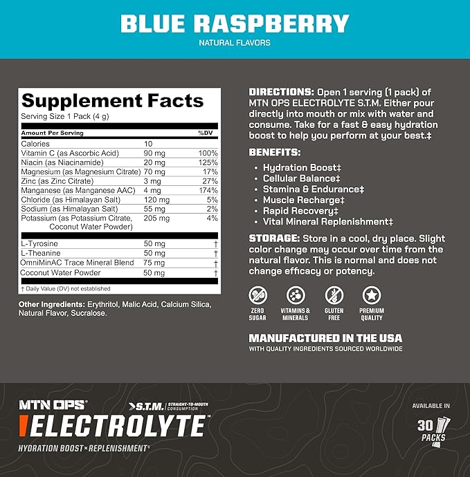 MTN OPS Electrolytes Powder Packets, Sugar Free Hydration Packets, Gluten-Free Hydration Powder, Electrolyte Packets STM “Straight to Mouth” - Variety Pack of 3 Flavors, 30 Packs
