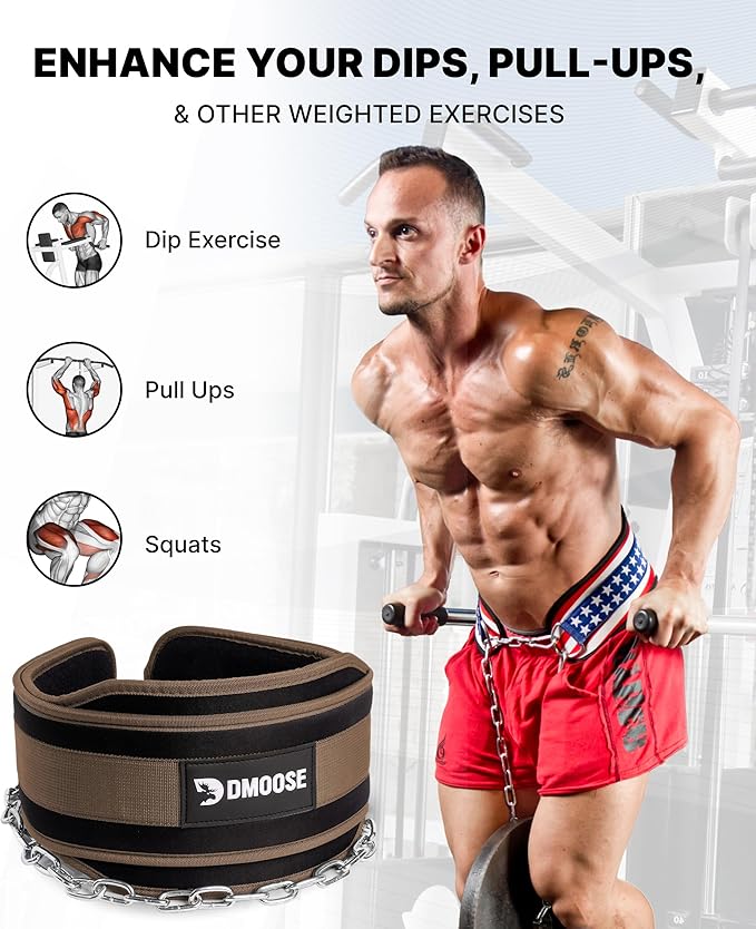 DMoose Fitness Dip Belt for Weight Lifting, Pullup, Squats & Dips - 36" Robust Steel Chain, Comfortable Neoprene Padding Supports 350lbs - Gym Weight Belt for Strength Training Workout & Weightlifting