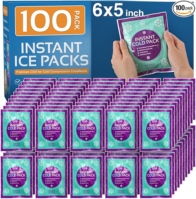 Disposable Instant Ice Cold Packs (6” x 5”) Bulk 100 Pack | Cold Compress Ice Pack for Pain Relief, First Aid & Outdoor