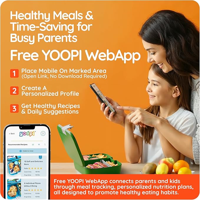 YOOPI Digital bento lunch box for kids offers ideal portion sizes. Leakproof, lightweight and dishwasher-safe, this durable bento box for kids & toddler is also BPA-free, available in a vibrant Green