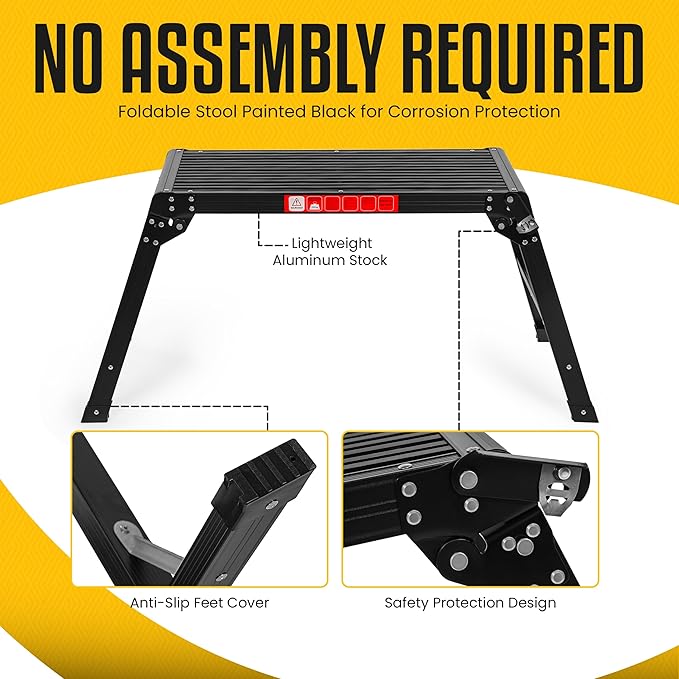 Folding Work Platform Stool – Holds 330 lbs - 19.68" H x 29.52" L Platform Step | Lightweight & Heavy-Duty | Black Aluminum Step Stool - Large Standing Surface - Easily Stored & Anti-Slip