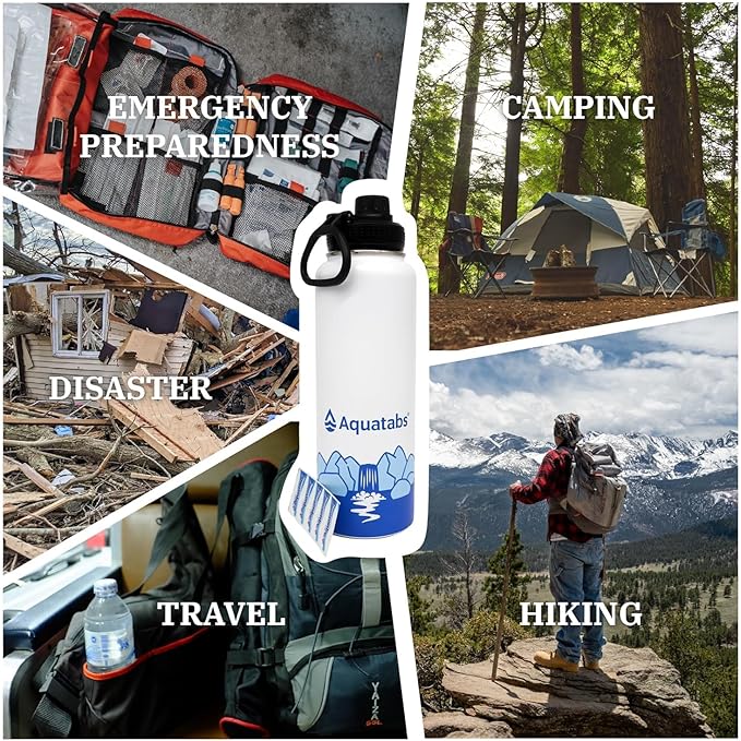 Aquatabs Insulated Stainless Steel Water Purifier Water Bottle with 100 Water Purification Tablets, BPA Free Water Purification Bottle Alternative to Filtered Water Bottle.