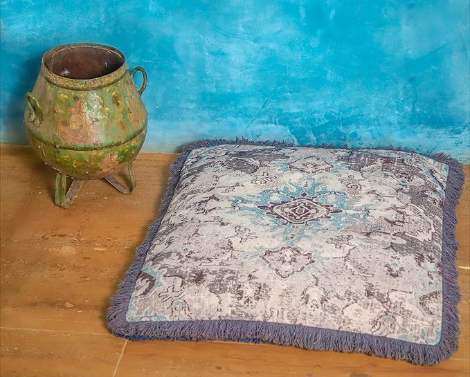 Mandala Life ART Meditation Cushion Cover with Fringe- 26 inches - Cotton - Square Floor Pillow - Moroccan Room Decor - Boho Accent - Bohemian Zafu Pouf