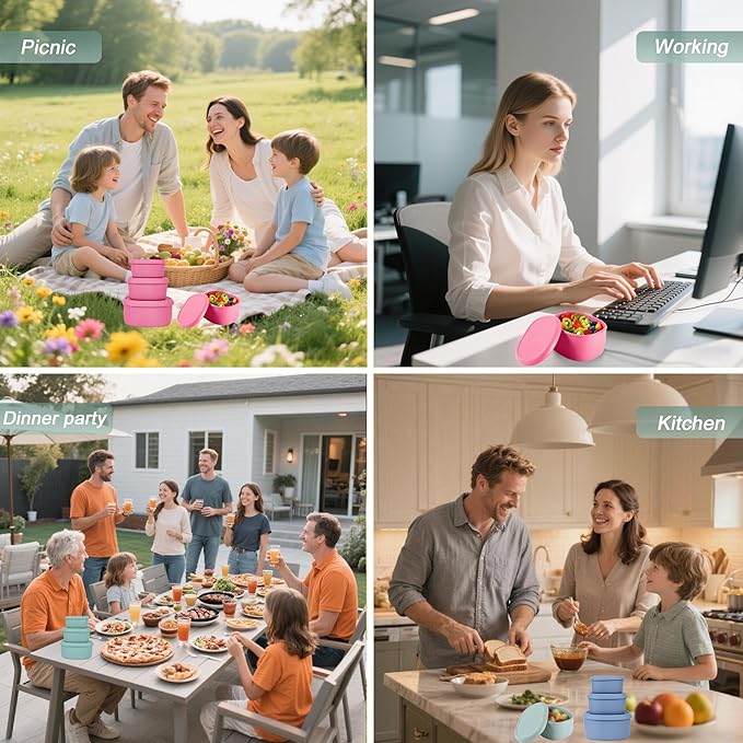 Reusable Nesting Silicone Food Storage Containers, Set of 3 Lunch Box Bento with Lids, Airtight Snack Container, BPA Free, Dishwasher Microwave Oven Freezer Safe (6.7oz, 10oz, 20oz) (Green)