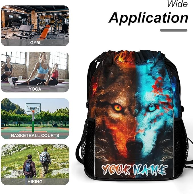 Custom Wolf Drawstring Backpack - Cute Cinch Sack, String Backpacks with Pocket for Women Men Kids Boys Girls for Gym Outdoor Sports Travel Athletic Drawstring Bag - Lightweight/Foldable