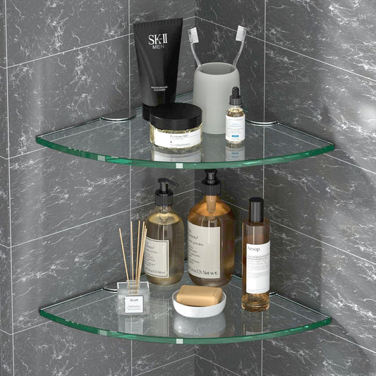Corner Glass Shower Caddy 4 Pack 8MM-Thick Tempered Glass Shelf No Drilling Wall Mount Corner Mounted Shelves Space Saver Adhesive Bathroom Home Shelf Shampoo Holder Organizer Strong Adhesion
