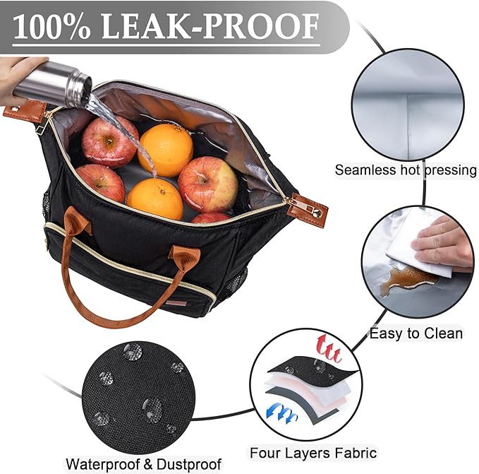 Black Lunch Box for Women Insulated Lunch Bag for Work - Adult Stylish Lunch Tote Bag for Shopping Soft Cooler for Beach Picnic Travel