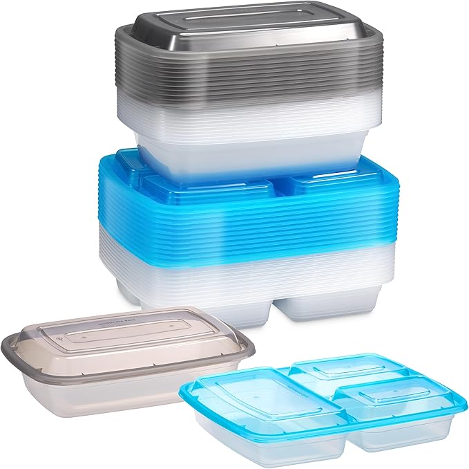 Food Storage Containers With Lids - (24 Pack-32 Oz) 12- 3 Compartment Meal Prep Containers Reusable Or Disposable & 12- Single Food Storage Bento Boxes, Bpa Free, Microwave, Freezer, Dishwasher Safe