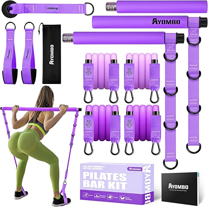 Pilates Bar Kit with Resistance Bands, Pilates Workout Equipment for Legs, Hip, Waist, Arm, Squats Exercise Equipment for Home Workouts, Adjustable 3-Section Pilates Bar Kit for Women & Men