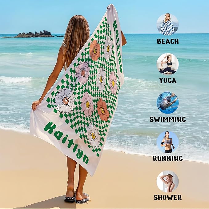 JML Personalized Beach Towel with Name, Custom Flower Beach Towel, Customized Microfiber Pool Towel, Quick Dry & Absorbent Swim Towel for Adult,Mother's Day, Birthday, Summer Holiday,Vacation