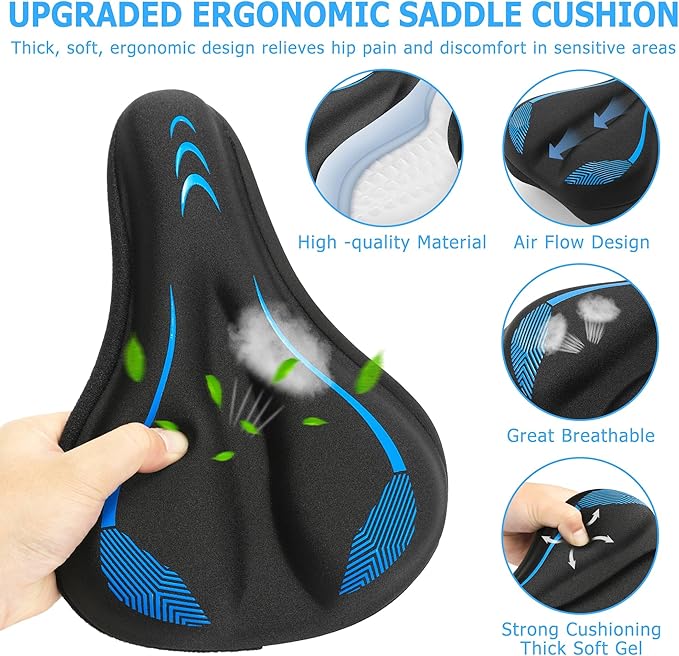 Gel Bike Seat Cushion, Soft Gel Padded Bicycle Seat Cover for Men & Women Comfort, Extra Padding Cycle Seat Cushion for Peloton, Stationary Exercise Bike, Beach Cruiser, Ebike, MTB, Road Bicycle