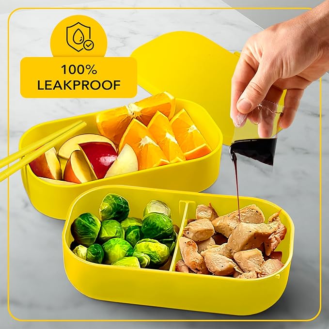 Insulated Stackable Bento Box for Adults with Reusable Chopsticks Japanese Lunch Box Microwavable & Leak Proof Lunch Containers for Men & Women Modern Cute Food Container with Compartments (Yellow)
