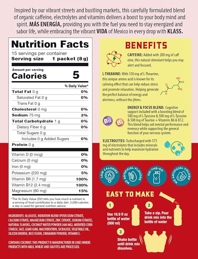 Hydration + Energy Electrolyte Drink Mix – Hibiscus Agua Fresca Flavor | Sugar-Free Powder with Caffeine, L-Theanine, Coconut Water & Minerals | 15 Single-Serve Stick Packs, Low Calorie