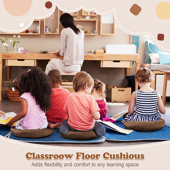 Fumete 8 Pcs 16 Inch Round Floor Cushions for Kids and Toddlers, Flexible Seating Classroom Furniture Floor Pillow for Home, Daycare, Preschool, Yoga and Meditation (Brown)