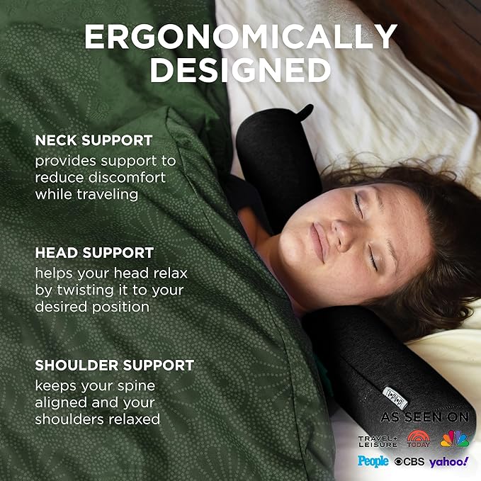 Dot&Dot Twist Memory Foam Travel Pillow for Airplanes - Travel Neck Pillow for Sleeping - Airplane Pillow for Neck Support, Chin, Lumbar and Leg - Adjustable, Bendable Neck Roll Pillow (Onyx)