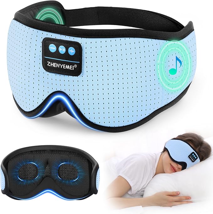 3D Sleep Mask with Bluetooth Headphones, Breathable Cotton Sleeping Headphones for Side Sleepers, Wireless Music Eye Mask with Timer, Gifts for Men Women, Blue
