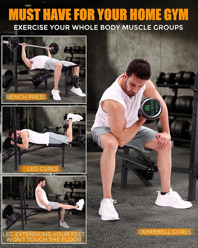 ANCHEER 900LBS Weight Bench Set with Barbell Rack, Heavy Duty Bench Press Set with Leg Extension and Leg Curl, Foldable Workout Benches for Home Gym with J Hooks & Olympic Sleeves (US Stock)