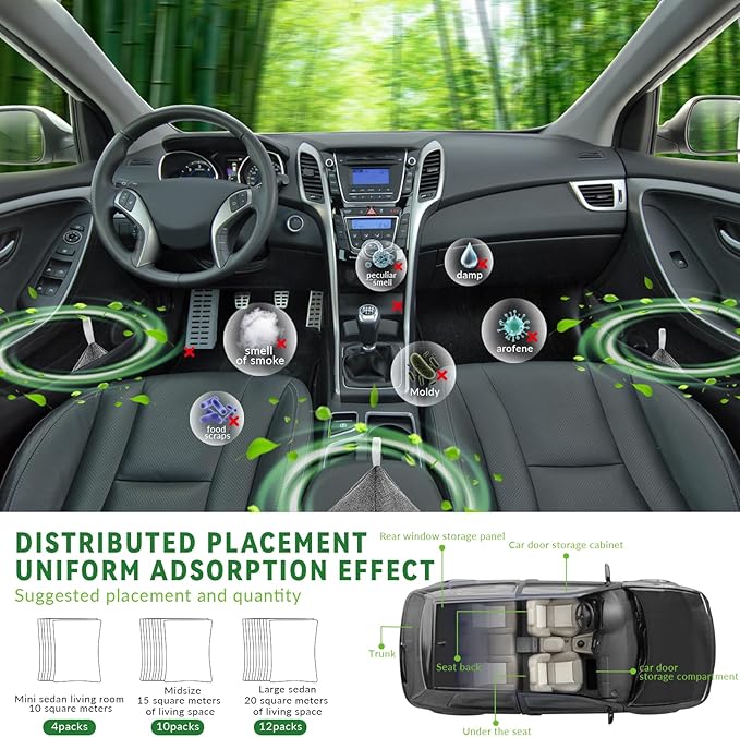 4 Pack charcoal odor absorber,Bamboo Charcoals Air Purifying Bag Charcoals Deodorizer Eliminator for Strong Odors in Car, Closet, Shoe, Basement (200G*4 Pack Triangle bag, Unscented)