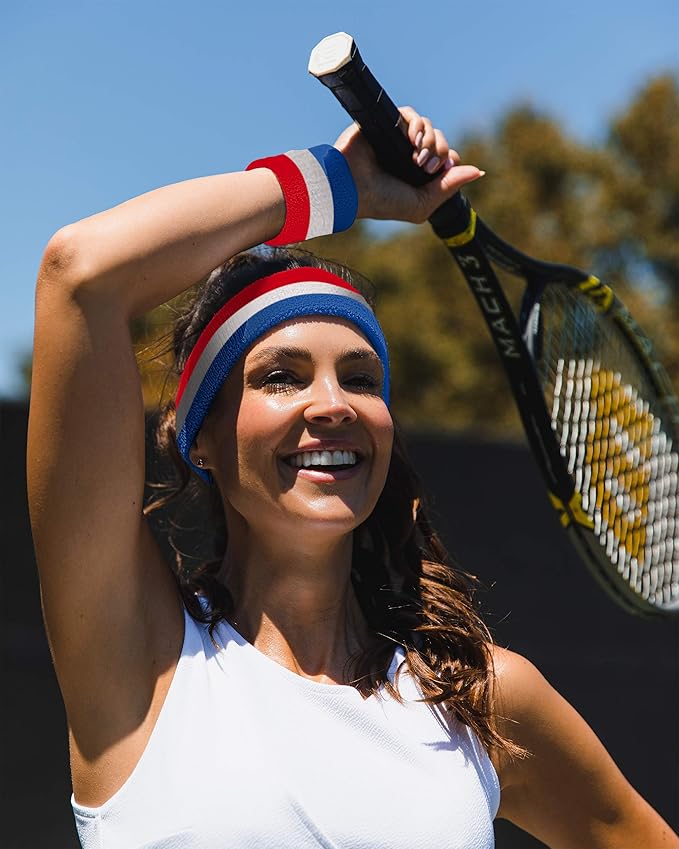 Suddora Striped Sweatband Set, Moisture Wicking 2 Wristbands and 1 Headband, Breathable Athletic Sweat Bands for Sports, Costumes & Cosplay, Matching Bands to Wear with Jersey