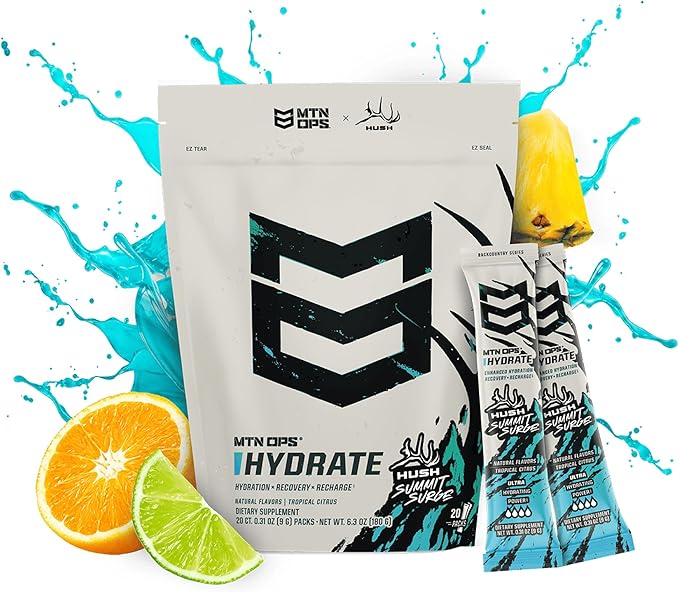 MTN OPS Hydrate Electrolytes Powder Drink Mix, 20 Single Serving On-The-Go Electrolyte Packs with Over 1000mg of Electrolytes per Serving, Hush Summit Surge