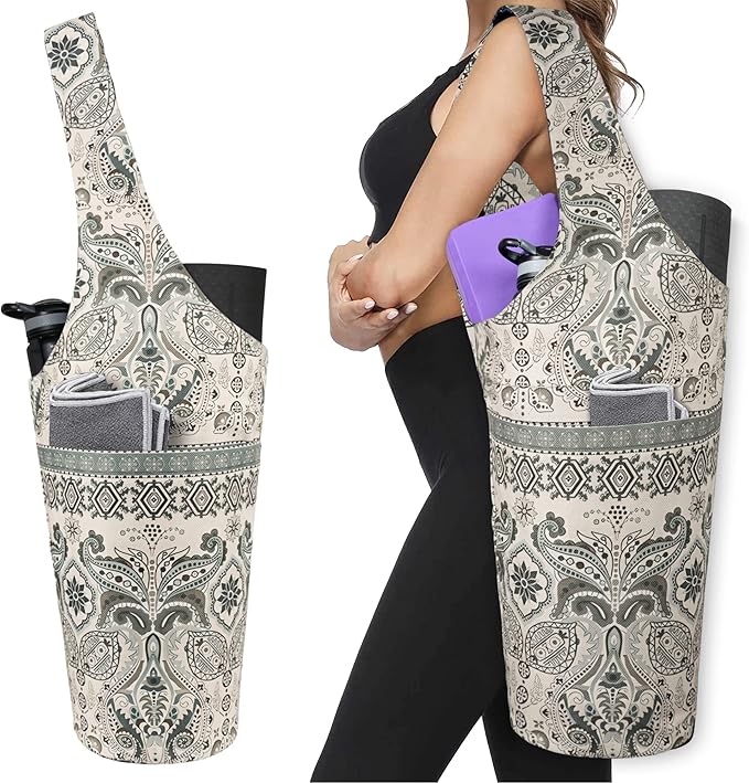 Fashion Printed Yoga Mat Bag with Large Side Pocket & Zipper Pocket Long Tote Yoga Bag Fit Most Size Mats - Holds More Yoga Accessories