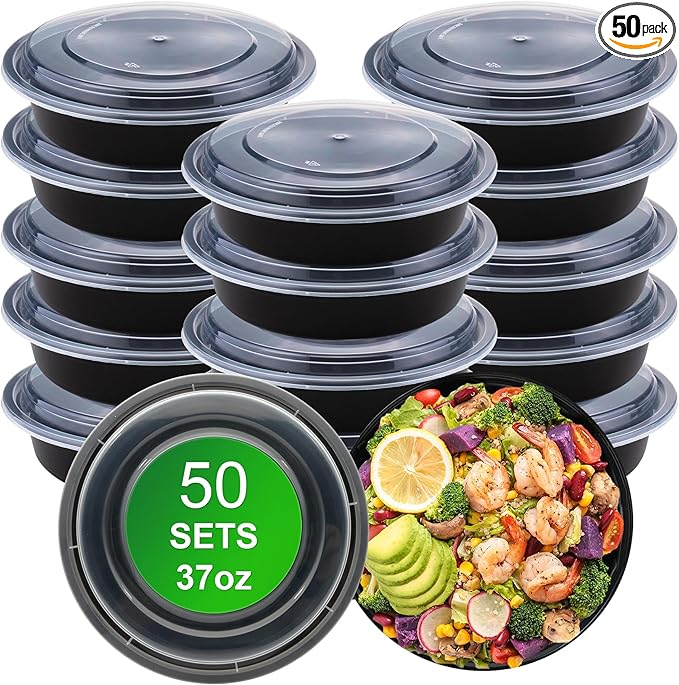 Round Meal Prep Containers with Lids, 50 Pack 37oz (100-Piece) Disposable Leakproof Take Out Food Storage Containers, Plastic To Go Lunch Boxes, BPA Free, Microwave/Dishwasher/Freezer Safe