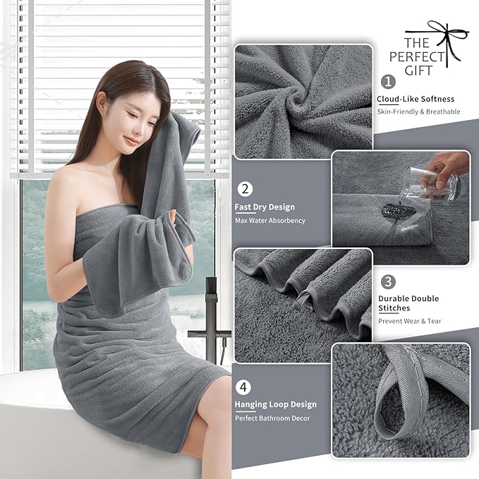 Extra Large Bath Sheet 4 Piece (35"x70")-Ultra Soft Oversized Bath Towel,Bath Sheet Towel Set for Bathroom Hotel,Highly Absorbent Quick Dry Shower Towel Set for Adults,Bath Towel Dark Grey