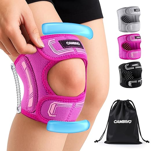 CAMBIVO Knee Brace for Men and Women, Patella Tendon Knee Strap with Gel Pad and Side Stabilizers, Adjustable Knee Band for Knee Pain Relief, Lightweight Knee Support for Workouts, Running, Training (Hot Pi, S/M)