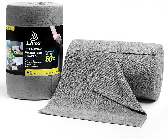 LIVOS Microfiber Cleaning Cloth Roll - 80 Pack, Reusable Paper Towels Grey Tear Away, Microfiber Towels for Cars, Super Absorbent Lint Free Cleaning Rags for House, Kitchen, Window-11.5"x11.5"