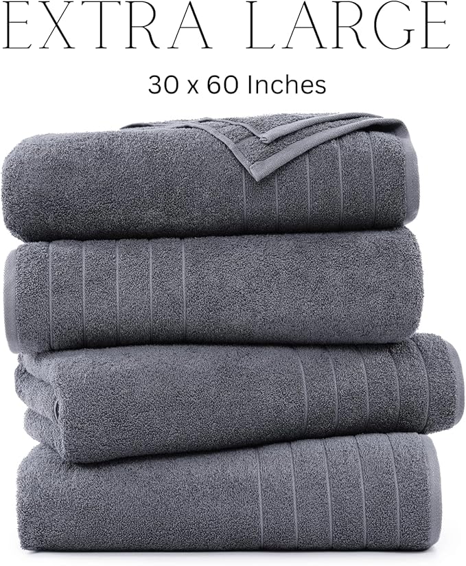 Casa Platino 100% Cotton 4 Pack Bath Towels Set (30"x60") - Ring Spun, Large Cotton Towels for Bathroom - Quick Dry, Soft & Absorbent Bath Towel Set - Remains Soft After Multiple Washes - Cool Grey