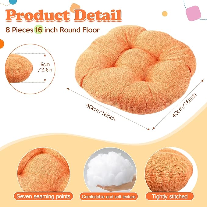 Fumete 8 Pcs 16 Inch Round Floor Cushions for Kids and Toddlers, Flexible Seating Classroom Furniture Floor Pillow for Home, Daycare, Preschool, Yoga and Meditation (Orange)