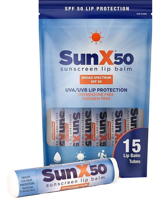 CoreTex Sun X 50 Lip Balm SPF 50 with Resealable Travel Bag - Pack of 15 Sunscreen Lip Balms (Protects Against UVA/UVB Rays) - Water Resistant Up to 80 Minutes and Free of Parabens & Oxybenzone