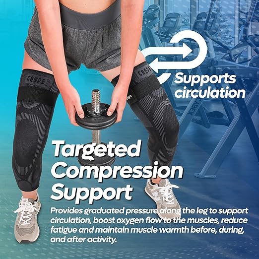 Caspe 2 Pack Full Leg Compression Sleeve for Men & Women with Strap – 3D Knit Support for Thigh, Knee & Calf – Non-Slip, Breathable Leg Compression for Sports, Recovery (Large)