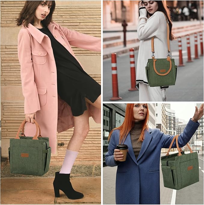 Joymee Lunch Bag Women Insulated Lunch Box with Adjustable Shoulder Strap Large Reusable Leakproof Spacious Cooler Tote for Women Men Adult with Bottle Holder and Side Pockets - Green