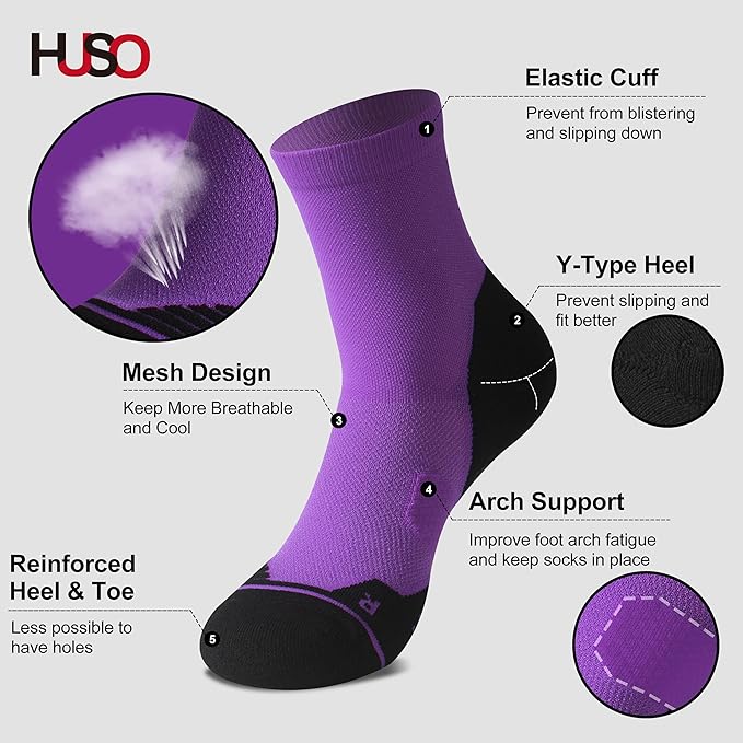 HUSO Compression Ankle Running Socks: Athletic Socks for Men Women with Cushion,Work Hiking Basketball Sport Socks 3 Pairs