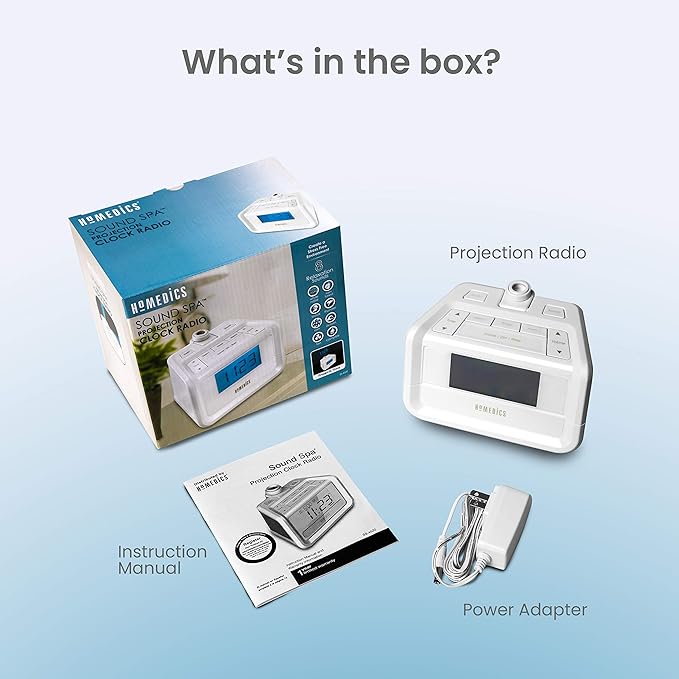 HoMedics Sound Machine and Alarm Clock with Time Projection. White Noise Sound Machine with a Digital FM Alarm Clock Radio, 8 Sounds, Snooze, Sleep Timer and Night Light