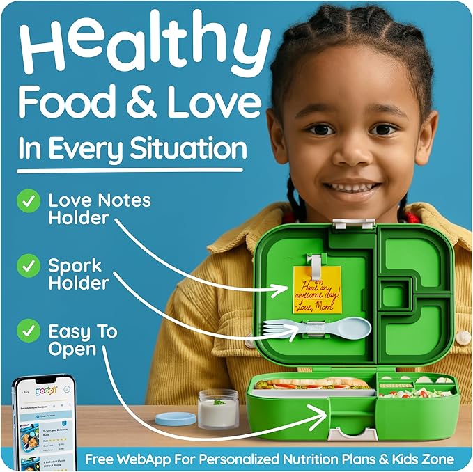 YOOPI Digital bento lunch box for kids offers ideal portion sizes. Leakproof, lightweight and dishwasher-safe, this durable bento box for kids & toddler is also BPA-free, available in a vibrant Green
