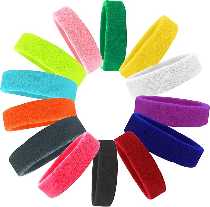 12 Sweatbands Cotton Sports Headbands Terry Cloth Moisture Wicking Athletic Basketball Headband by Kenz Laurenz