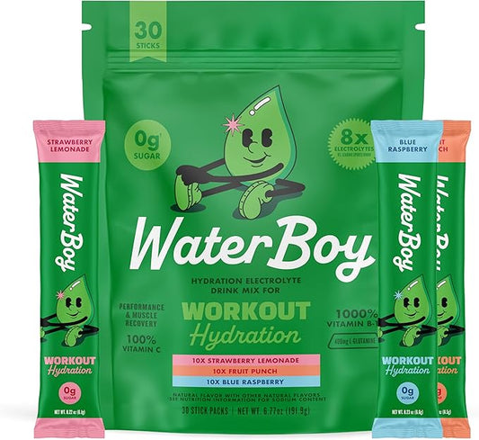 Waterboy Workout Hydration | 2,960mg Sugar Free Electrolyte Powder Packets | L-Glutamine + Vitamins | No Sugar, All Natural, Gluten Free (Variety)