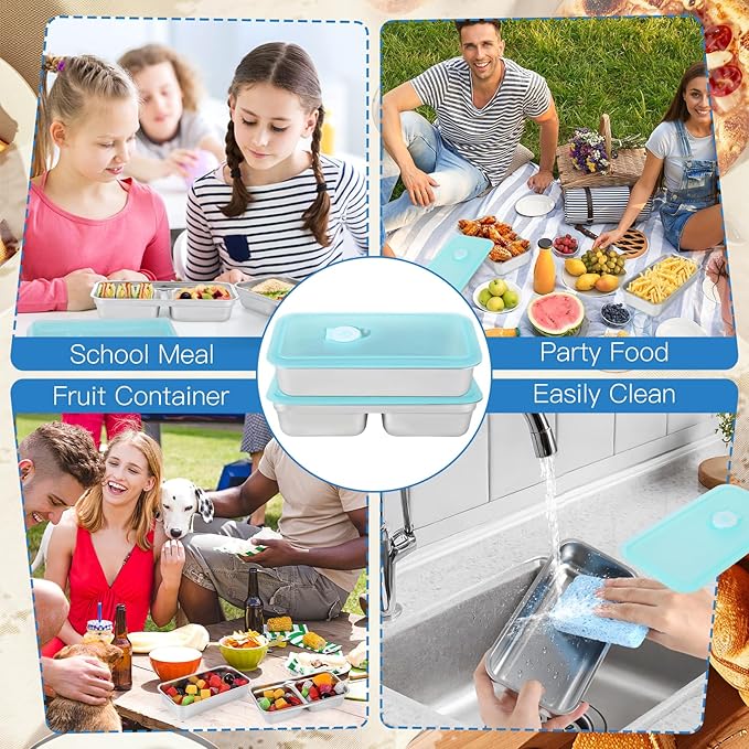 4Pcs Grab and Go Snack Containers with 2 Cleaning Sponge, Stainless Steel Snack Container, Reusable Meal Holder with Lids for Food, Meal, Dip, Condiment (One/Double Compartment)