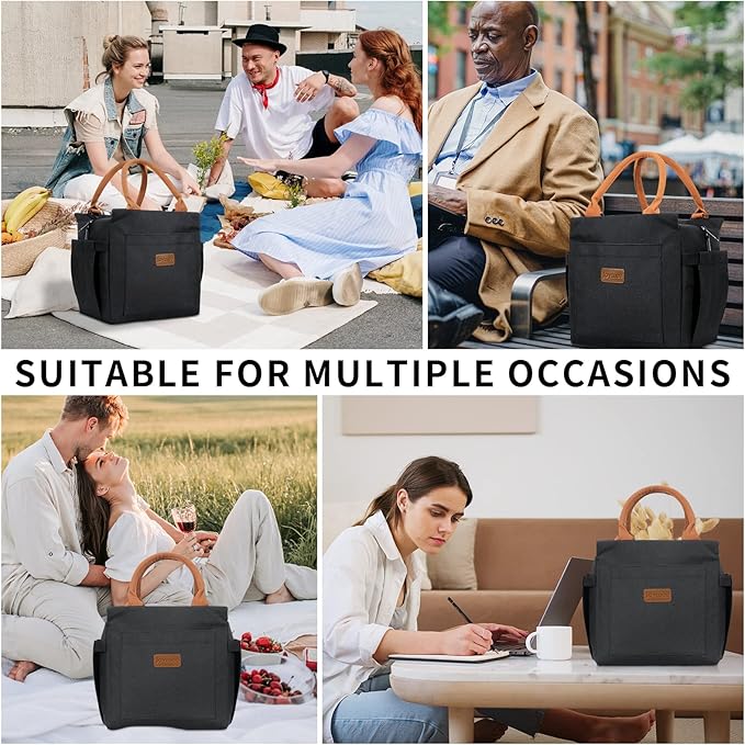 Joymee Lunch Bag Women Insulated Lunch Box with Adjustable Shoulder Strap Large Reusable Leakproof Spacious Cooler Tote for Women Men Adult with Bottle Holder and Side Pockets - Black