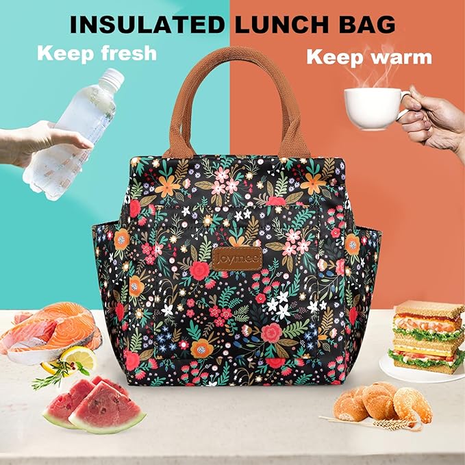 Joymee Lunch Bag Women Insulated Lunch Box Reusable Leakproof Large Spacious Cooler Tote for Womens Mens Adults with Bottle Holder and Side Pockets for Work Office Travel Picnic - Multi-Floral