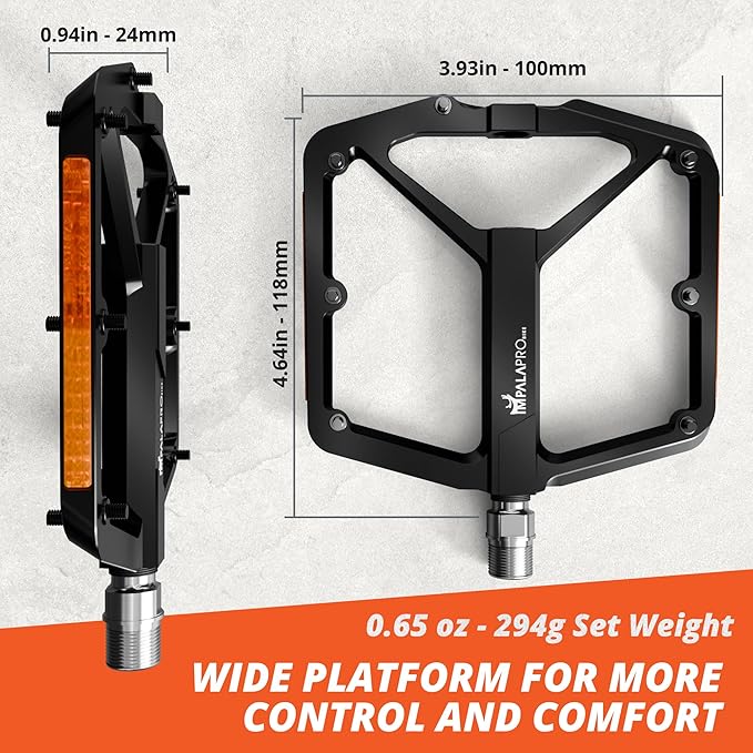 Flat Bike Pedals with Reflectors CNC Aluminium 9/16” – MTB Pedals with Extra Wide Platform and Removable Anti-Slip Pins – Lightweight Pedals for Mountain Bike & Road Bike 294 g